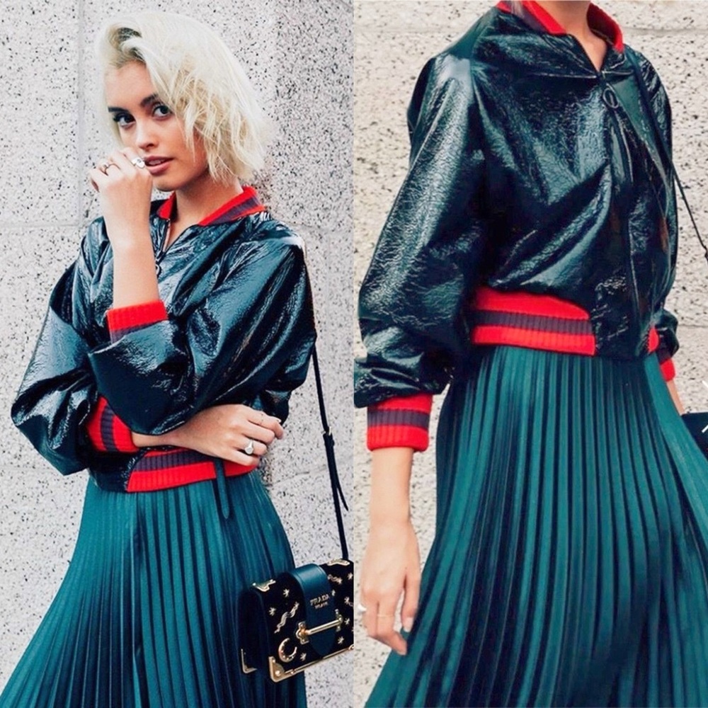 ZARA Black Shiny Patent Cropped Bomber Jacket Size S